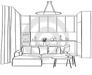 Interior sketch of modern kitchen. Living room. Line illustration