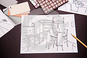 Interior sketches, bedroom, living room, kitchen.