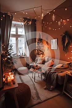 Interior of small cozy living room in gray-orange colors decorated for Christmas.