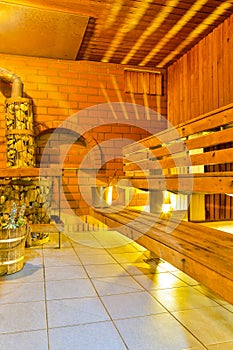 Banya and Bath House Ideas. Interior of Small Finnish Russian Wooden Banya Or Sauna With Sauna Acessories