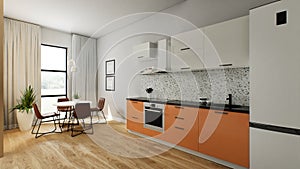 The interior of a small kitchen, orange bottom white top. 3D rendering.