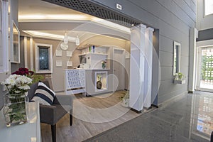 Interior of a small luxury hotel lobby reception area