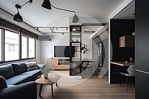 Interior of a small modern smart apartment. Generative AI