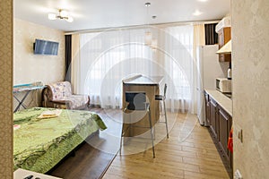 Interior of small studio room, overall plan