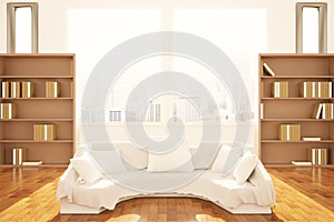 Interior with sofa and bookcases photo