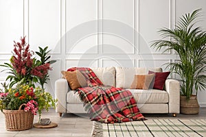 Interior with sofa, plants, and plaid on white wall