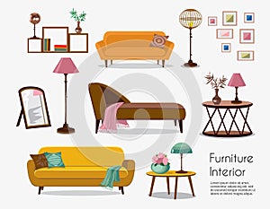 Interior. Sofa sets and home accessories. Furniture design photo