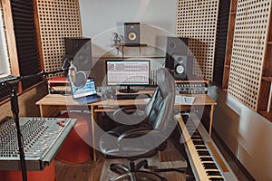 Interior of a soundproof room in a modern recording studio. Sound engineer workplace for broadcasting