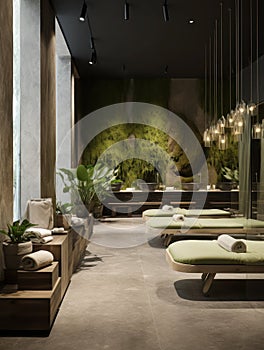 Interior of spa salon in eco style, a space for relaxation with daybeds, vertical image.