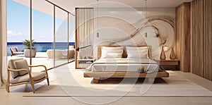 The interior of a spacious bedroom in a luxury villa by the sea. The concept of a luxurious life