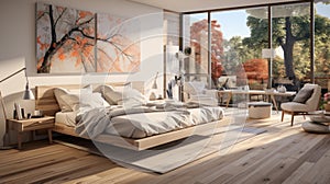Interior of spacious bright bedroom in rustic cottage. Natural colors, white walls, wooden elements of decoration, big