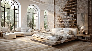 Interior of spacious bright bedroom in rustic cottage. Natural colors, wooden elements of decoration, bookshelf at the