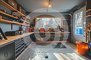 Interior of spacious, bright and clean garage workshop for DIY works and repairs. Workbenches, tools and technical