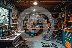 Interior of spacious, bright and clean garage workshop for DIY works and repairs. Workbenches, tools and technical