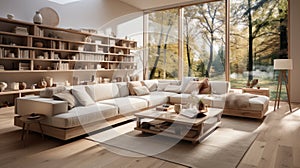 Interior of spacious bright living room in rustic cottage. Natural colors, wooden elements of decoration, large corner