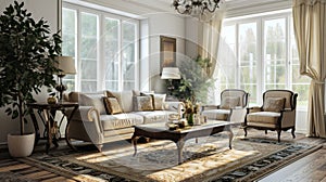 Interior of spacious classic living room in a modern luxury apartment. Hardwood floor, beige upholstered furniture