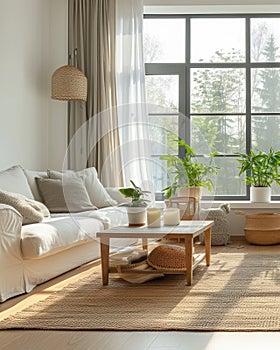 Interior of spacious cozy living room in modern luxury residential house. Comfortable sofa, wooden coffee table, carpet