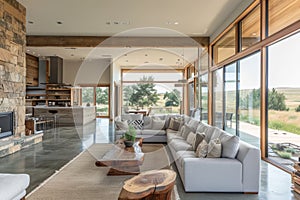 Interior of spacious eco-style living room in luxury villa. Cozy living area with fireplace, rough wood coffee table