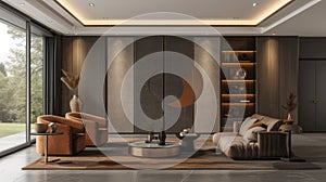 Interior of spacious elegant living room in luxury villa. Stylish upholstered furniture, round coffee table, home decor