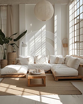 Interior of spacious japandi style living room in modern luxury residential house. Comfortable sofa, wooden coffee table