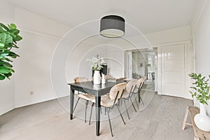 Interior of a spacious light dining room with minimalist furni
