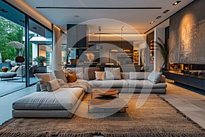 Interior of spacious living room with free layout in luxury villa. Cozy living area with corner sofa, modern kitchen