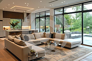 Interior of spacious living room with free layout in luxury villa. Cozy living area with corner sofa, modern kitchen