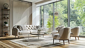 Interior of spacious living room in a modern luxury apartment. Hardwood floor, beige upholstered furniture, vintage rug