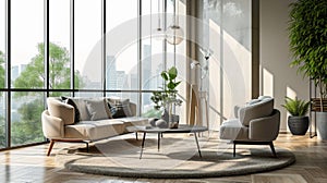 Interior of spacious living room in a modern luxury apartment. Hardwood floor, beige upholstered furniture, vintage rug