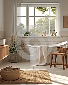 Interior of spacious minimalist bathroom in modern luxury residential house. Freestanding bathtub, braided rug, wall