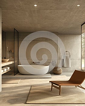 Interior of spacious minimalist bathroom in modern luxury residential house. Grey large format tiles, freestanding