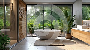 Interior of spacious minimalist bathroom in modern luxury villa. Freestanding bathtub, hanging cabinet with surface