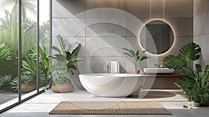 Interior of spacious minimalist bathroom in modern luxury villa. Grey large format tiles, freestanding bathtub, hanging