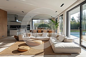 Interior of spacious minimalist living room with kitchen in modern luxury residential house. Corner sofa, coffee table