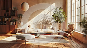 Interior of spacious minimalist living room in a modern luxury apartment. Grey wall, hardwood floor, beige upholstered