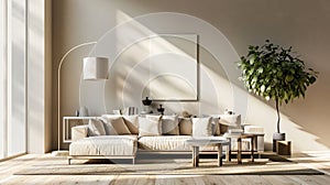 Interior of spacious minimalist living room in a modern luxury apartment. Grey wall with poster mockup, beige