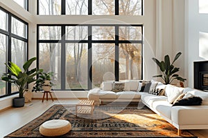 Interior of spacious minimalist living room in modern luxury residential house. Comfortable corner sofa, coffee table