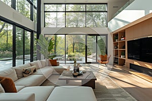 Interior of spacious minimalist living room in modern luxury residential house. Corner sofa, coffee table, carpet on the