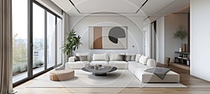 Interior of spacious minimalist living room in modern luxury residential house. Corner sofa, coffee table, carpet on the