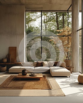 Interior of spacious minimalist living room in modern luxury residential house. Corner sofa, wooden coffee table, carpet