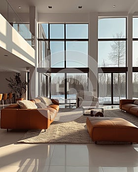 Interior of spacious minimalist living room in modern luxury residential house. Leather cushioned furniture, coffee