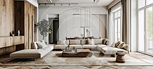 Interior of spacious minimalist living room in a modern luxury villa. White walls, hardwood floor, beige upholstered