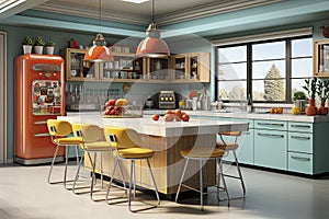 Interior of spacious pop art inspired light kitchen with pop art furniture and pop art portrait in light apartment