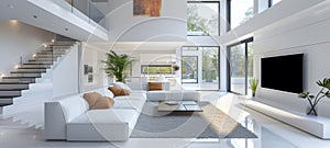 Interior of spacious white minimalist living room in modern luxury residential house. Comfortable sofa, coffee table