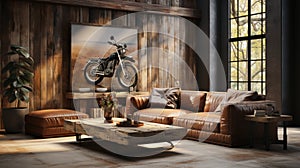 Interior of spacy loft style living room in apartment or cottage. Rough wood wall with large poster, leather cushioned