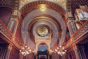 Interior of Spanish synagogue, Prague, red filter