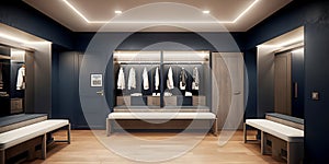 Interior of sport dressing room with lockers with clothes and benches on floor