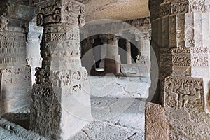 Interior square hall of Aurangabad Cave 3, with pillars richly carved with floral & geometrical designs, Maharashtra, India
