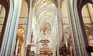 Interior of St. Elisabeth cathedral in Kosice, yellow filter