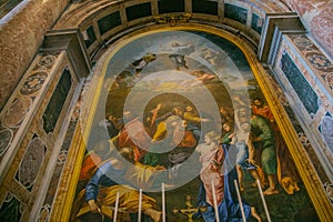 Interior of St. Peter`s Cathedral in the Vatican. Columns, paintings,